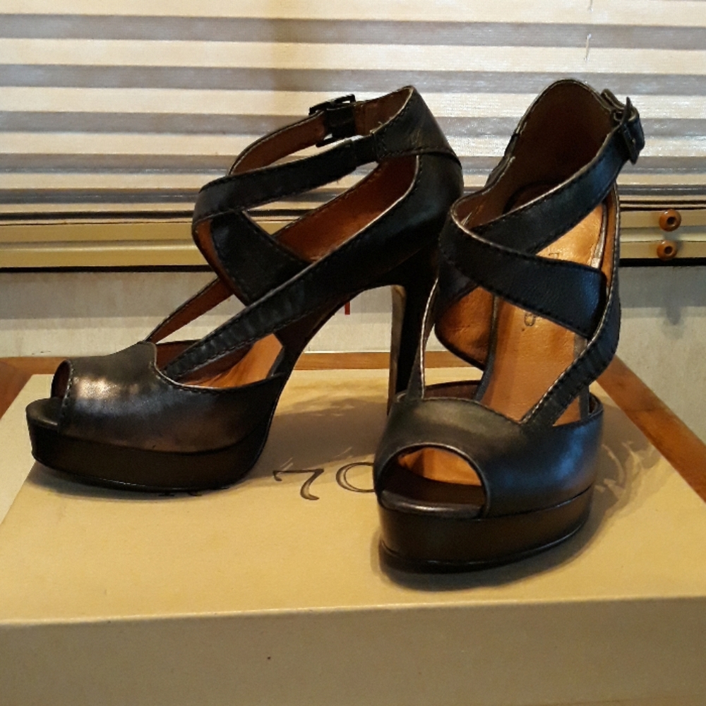 black leather high heel shoes